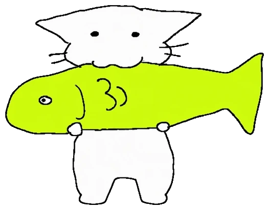 A badly drawn cat holding a green fish