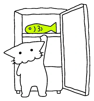 Cat reaching into a fridge for a fish